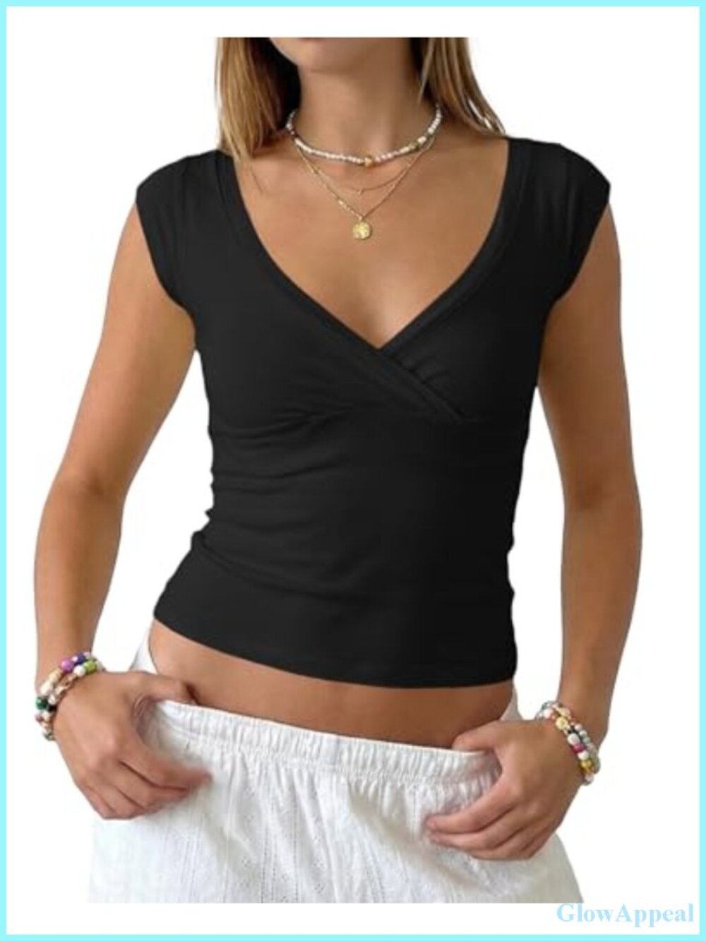 Cioatin Women's Cap Sleeve Wrap V Neck Crop Tank Top Slim Fit Summer